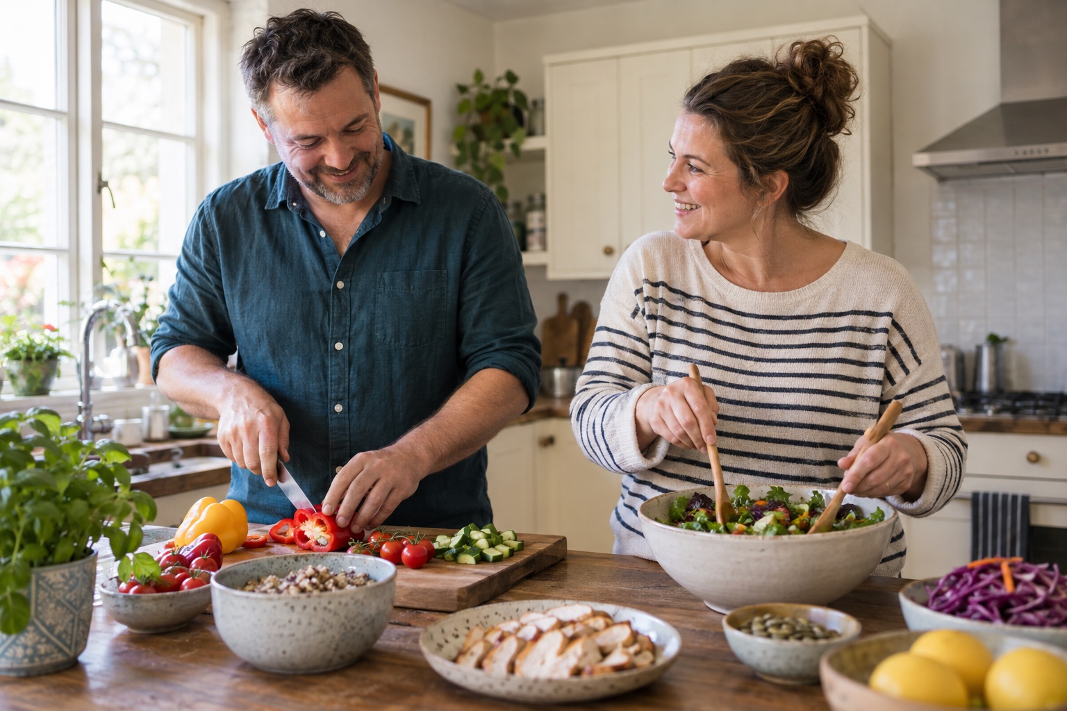 Two adults enjoying preparing a colourful lunch together at home